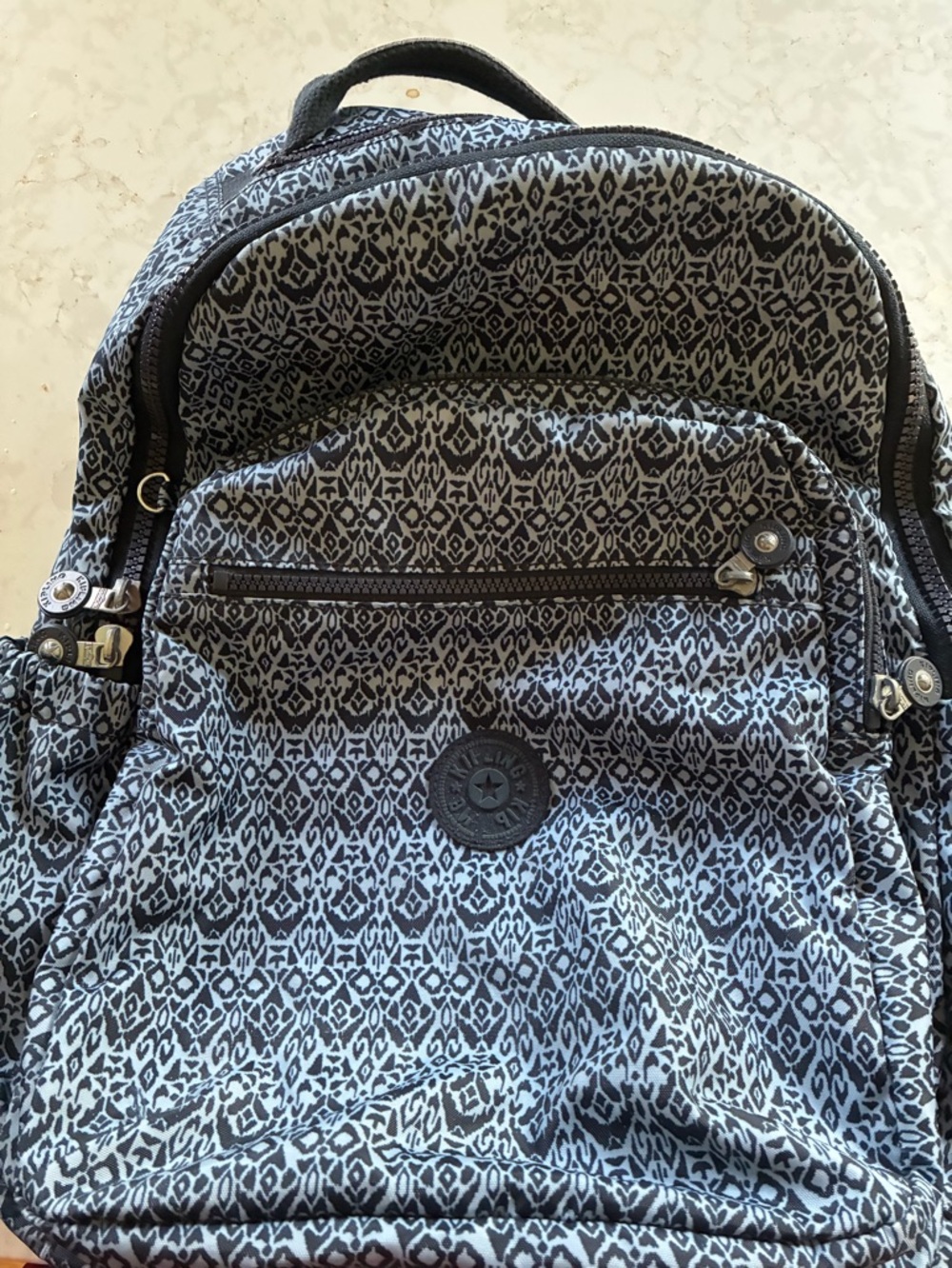 Kipling Seoul XL Black and Light Blue Geometric Print Backpack